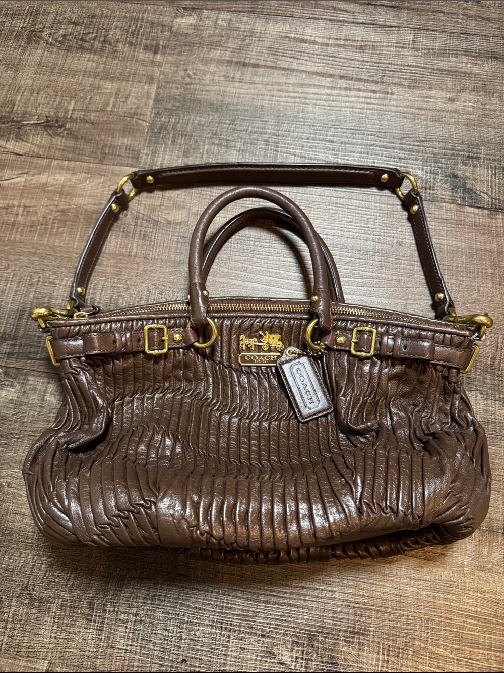 Coach Dark Brown Gathered Leather Lindsey Satchel